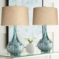 Tropical Coastal Ceramic Table Lamps Set Green Blue Beige Shade Kenya Bedroom 29.5