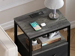 Nightstand Set of 2, Bed Side Tables with Charging Station, Adjustable Fabric Drawer, Night Stand for Bedroom