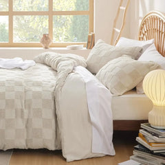Boho Duvet Cover King Size - Checkered King Duvet Cover Set for All Seasons, 3 Pieces Soft Shabby Chic Embroidery Boho Bedding