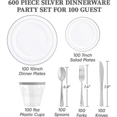 600 Plastic Disposable Tableware Set for 100 Guests, Including 100 Dinner Plates, 100 Salad Plates, 100 Cups, 100 Silverware Set