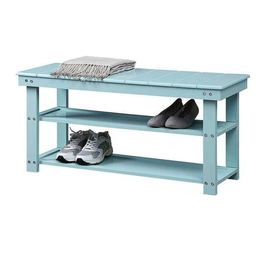 Sea Foam Aqua Blue Wood 2-Shelf Shoe Rack Storage Bench for Entryway