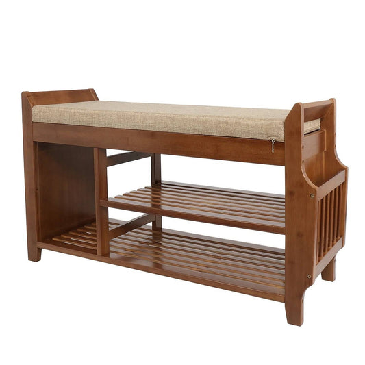 Solid Wood Entryway Shoe Rack Storage Bench with Cushioned Seat 2