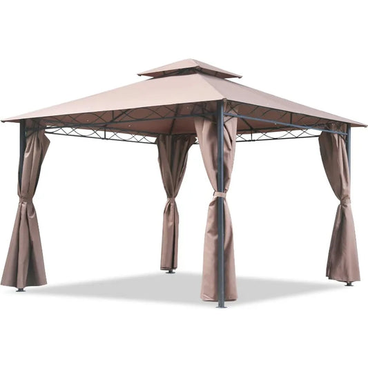 10 'x13' Outdoor terrace Terrace Heavy steel frame canopy, double roof, Privacy curtains (brown)