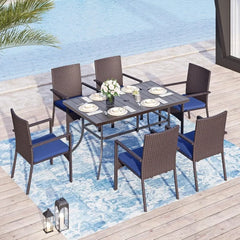 Patio Outdoor Table and Chairs Set with Umbrella Navy, Patio Dining Sets for 6, 7 Pieces Patio Table Set Clearanc
