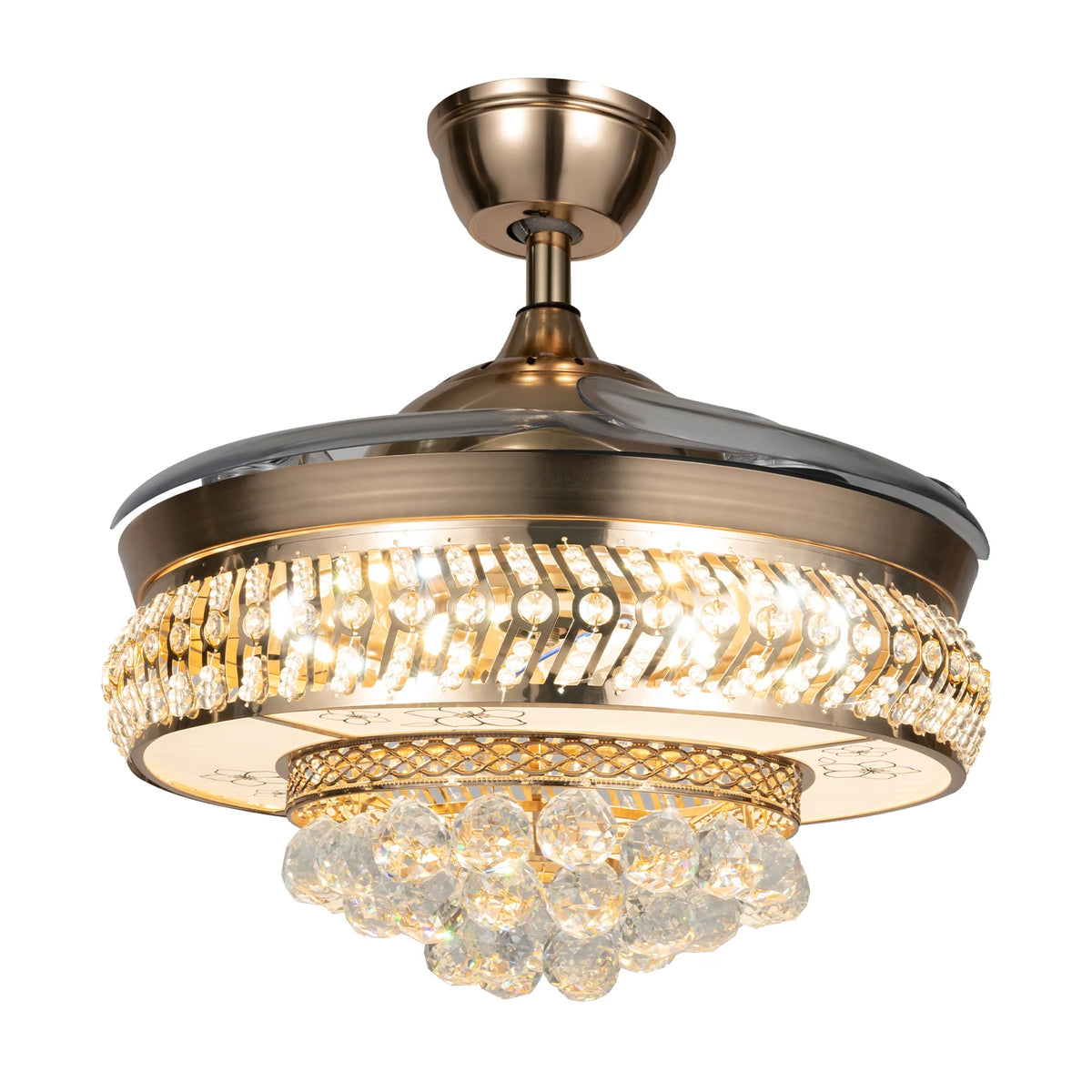 Ceiling Fans with LED Light, K9 Crystal Accents, Adjustable Speed & Timing, Retractable ABS Blades, Pure Copper Motor