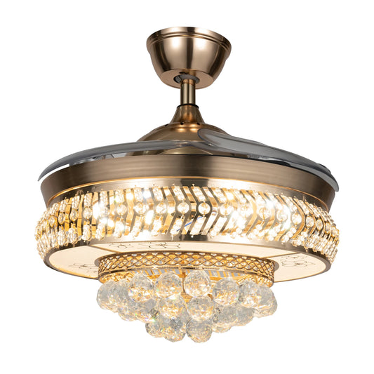 Ceiling Fans with LED Light, K9 Crystal Accents, Adjustable Speed & Timing, Retractable ABS Blades, Pure Copper Motor