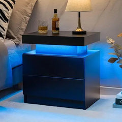 Nightstand LED Bedside Table for Bedroom Modern Night Stand with 2 Wood Drawers End Side Table for Bedroom