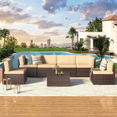 7 Piece Outdoor Patio Furniture Set, PE Rattan Outdoor Grey Wicker Furniture, Outdoor Sectional Furniture Chair Set with Cushion