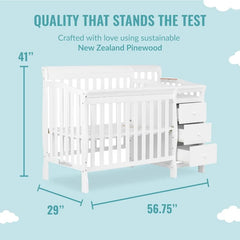 4-in-1 Mini Convertible Crib And Changer in White, Non-Toxic Finish, New Zealand Pinewood, 1" Mattress Pad