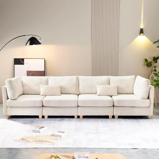 L-Shaped Convertible Modular Sectional Sofa with Movable Ottoman, Corduroy Upholstered Corner Couch