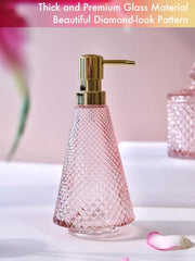 Pink Bathroom Accessories Set, 5Pcs Clear Glass Bathroom Set with Soap Dispenser, Soap Dish, Toothbrush Holder Set, Tumbler, Cot