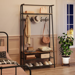 Large Coat Rack Shoe Bench, 4-in-1 Hall Trees Entryway Bench with Coat Rack & Shoe Rack, Steel Frame Storage Shelf & Hanging Bar