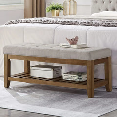 Bench, Large Rectangular Upholstered Tufted Linens Fabric Ottoman Benches, Padded Benches with Solid Wood Shelf-Linen, Bench