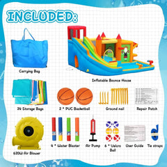 Inflatable Bounce House Water Slide, Bounce House for Kids with Toy Market Stand Splash Pool Bouncer Climbing Wall Water Gun