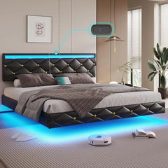 King Size Floating Bed Frame with LED Lights & USB Ports, Faux Leather Upholstered Platform Bed