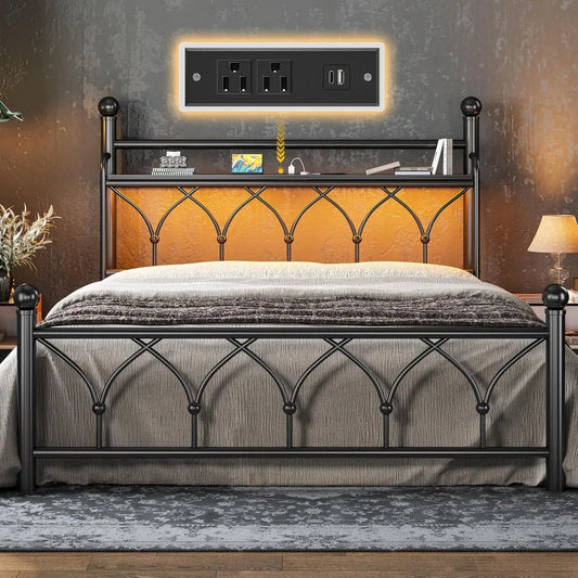EnHomee Queen Bed Frame with Headboard, Metal Bed Frame Queen Size with LED Lights and Power Outlets, Heavy Duty Steel Slats Sup