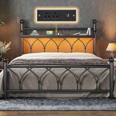 EnHomee Queen Bed Frame with Headboard, Metal Bed Frame Queen Size with LED Lights and Power Outlets, Heavy Duty Steel Slats Sup