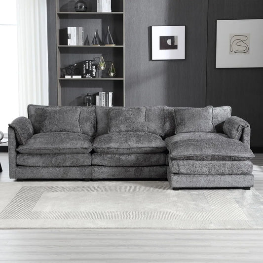 Modern Chenille L-Shaped Sectional Sofa with Moveable Ottoman & Memory Foam