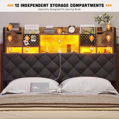 Queen Bed Frame with Headboard and 4 Under-Bed Storage Drawers, Upholstered Bed Frame Queen Size with LED Light and Charging Sta