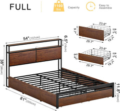 Queen Bed Frame with Storage Headboard and 4 Drawers Bed Frame Queen Size with Charging Station LED Lights Metal