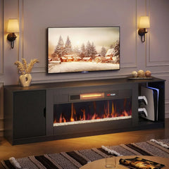 70" Modern Fireplace TV Stand for TVs Up To 80" with LED Lights and Storage, PS5 Gaming TV Console for Living Room, TV Stands