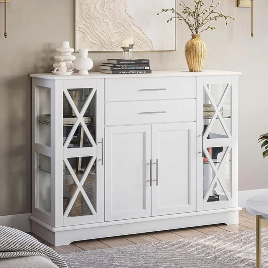 Sideboard Buffet, 47 Inch Storage Console Table Coffee Bar Kitchen Cupboard Pantry Glass Display Cabinet for Lving Entryway