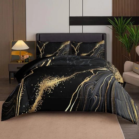Marble Bedding Set Soft Microfiber Black and Gold Comforter Set King Size for Kids Men and Women Duvet Cover Sets
