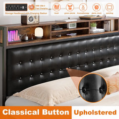 Queen Bed Frame with 4 Storage Drawers and Upholstered Headboard Meal Bed Frame Queen Size Built in Charging Station,Noise Free