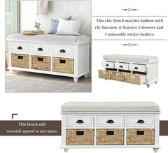 Storage Bench with 3 Drawers, 3 Rattan Baskets and Removable Cushion for Entryway, Shoe Bench End of Bed Bench 3-Cube