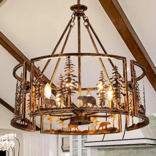 Rustic Chandeliers for Dining Room, 6 Lights Western Light Fixture, Vintage Chandelier for Bedroom, Bear Metal Ceiling Light F