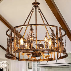 Rustic Chandeliers for Dining Room, 6 Lights Western Light Fixture, Vintage Chandelier for Bedroom, Bear Metal Ceiling Light F