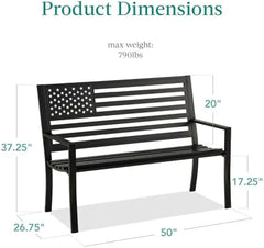 Outdoor Bench 2-Person Steel Indoor/Outdoor Bench for Garden, Patio, Porch, Entryway w/American Flag, 790lb Capacity