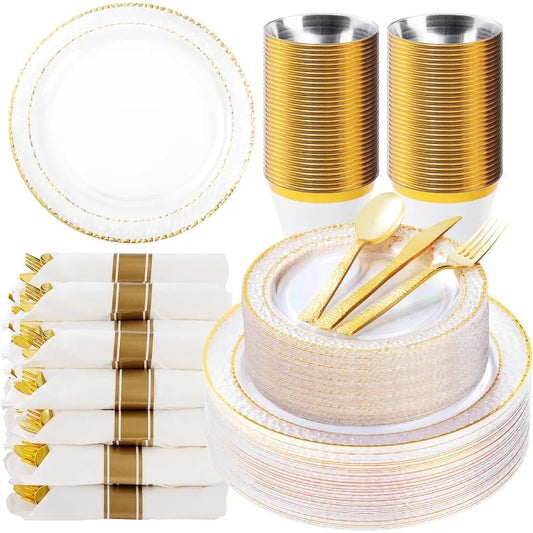 350PCS Clear Plastic Plates with Gold Trim for 50 Guests, Disposable Dinnerware Set for Party & Wedding, Includes 100 Plastic