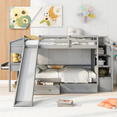 Wood Twin Over Twin Bunk Bed with Desk and Slide,Drawers Bookcase and Storage Staircase for Kids, White