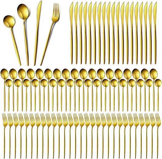400 Pcs Gold Silverware Set with Knives Spoons and Forks Portable Stainless Steel Flatware Set Reusable Gold Utensils