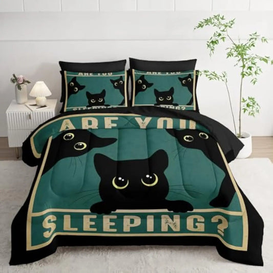Cute Cat Comforter Set 7Pcs Cartoon Cat Kawaii Bedding Set Twin Size 3D Black Cat Bedroom Decor Chic Animal Sheet Sets for Wom