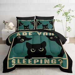 Cute Cat Comforter Set 7Pcs Cartoon Cat Kawaii Bedding Set Twin Size 3D Black Cat Bedroom Decor Chic Animal Sheet Sets for Wom
