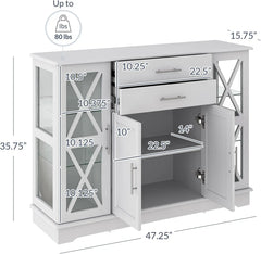 Sideboard Buffet, 47 Inch Storage Console Table Coffee Bar Kitchen Cupboard Pantry Glass Display Cabinet for Lving Entryway