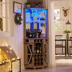 Corner Bar Storage Cabinet, Barn Door & Adjustable Shelf, Home Bar Cabinet w/LED Light & Glass Rack, 72" Tall Wine Bar Cabinet