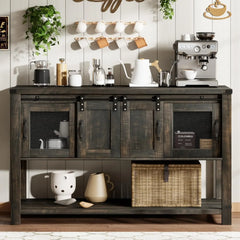 Farmhouse Coffee Bar Cabinet with Storage, 47'' Coffee Bar Table with Sliding Barn Door, White Coffee Buffet Cabinet