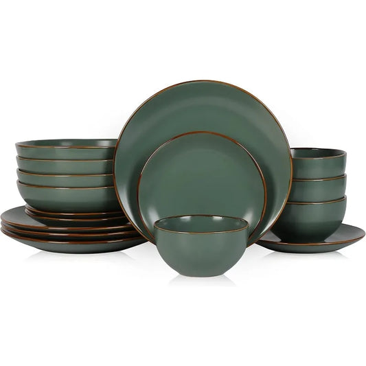 Brasa Modern Stoneware 16 Piece Dinnerware Sets, Plates and Bowls Sets, Dish Set for 4, Green
