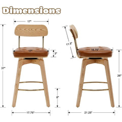 PU Leather Swivel Counter Stools Set of 2, Modern Button Tufted 26" Seat Height Low Bar Stools with Wooden Legs Upholst