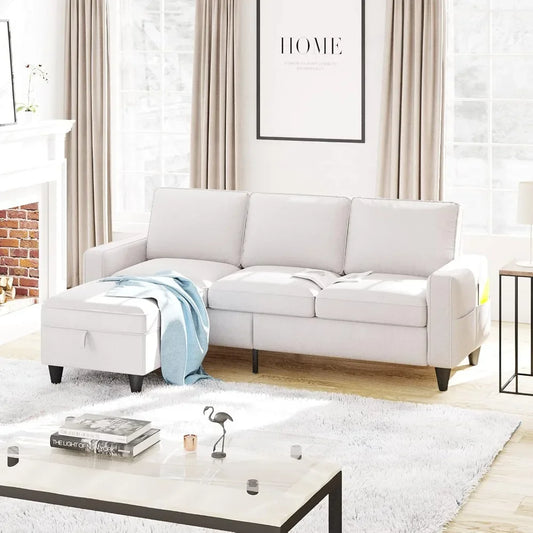 Convertible Sectional Sofa Couch L-Shaped Couch with Storage Ottoman, Beige Couches for Living Room, 3-Seat Sectional Sofas