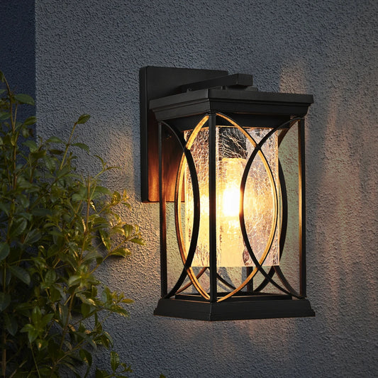 14"(H) 1-pack Black Outdoor Wall Lantern with Crackled Glass, Weather-Resistant Exterior Light Fixture (Bulb Not Included)