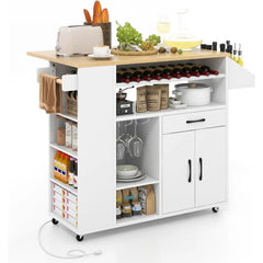 Kitchen Island Cart with Drop-Leaf & Power Outlet, Rolling Kitchen Cart on Wheels with Wine Rack, Glass Holder, Drawer,