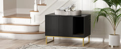 Cat Litter Box Enclosure, Fluted Hidden Litter Box Furniture with Scratch Pad and Metal Legs, Modern Enclosed Cat Cabinet