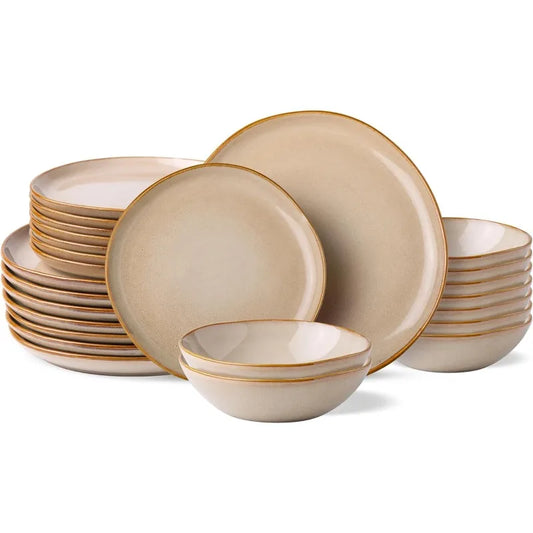 Ceramic Dinnerware Sets,Handmade Reactive Glaze Plates and Bowls Set,Highly Chip and Crack Safe Dishes Set,Service for 8 (24pc)