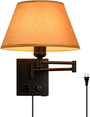 Swing Arm Wall Sconces, Plug-in Wall Lamp,Bedroom Wall Lamp ， White Fabric Shade with Dimmable Switch and USB Charging