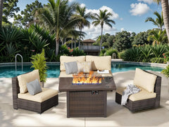10 Piece Patio Furniture Set with 42In Fire Pit Table， Outdoor Furniture Sets Rattan Sectional Couch Outdoor Chairs