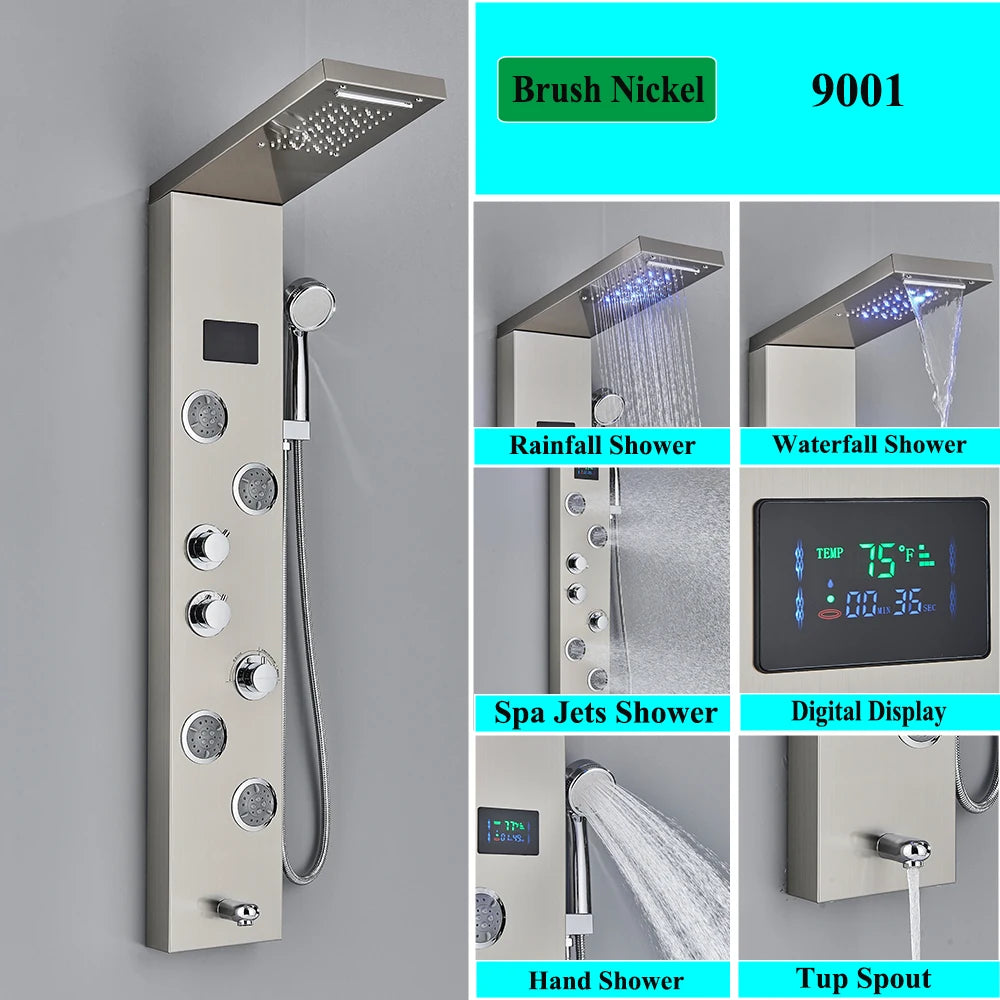 LED Shower Panel Tower System Rain Waterfall Shower Column With SPA Massage Temperature Screen athtub Water Mixer Tap Faucet Set